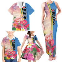 Personalised Aruba Flamingo Family Matching Tank Maxi Dress and Hawaiian Shirt Tropical Sunset Vibes
