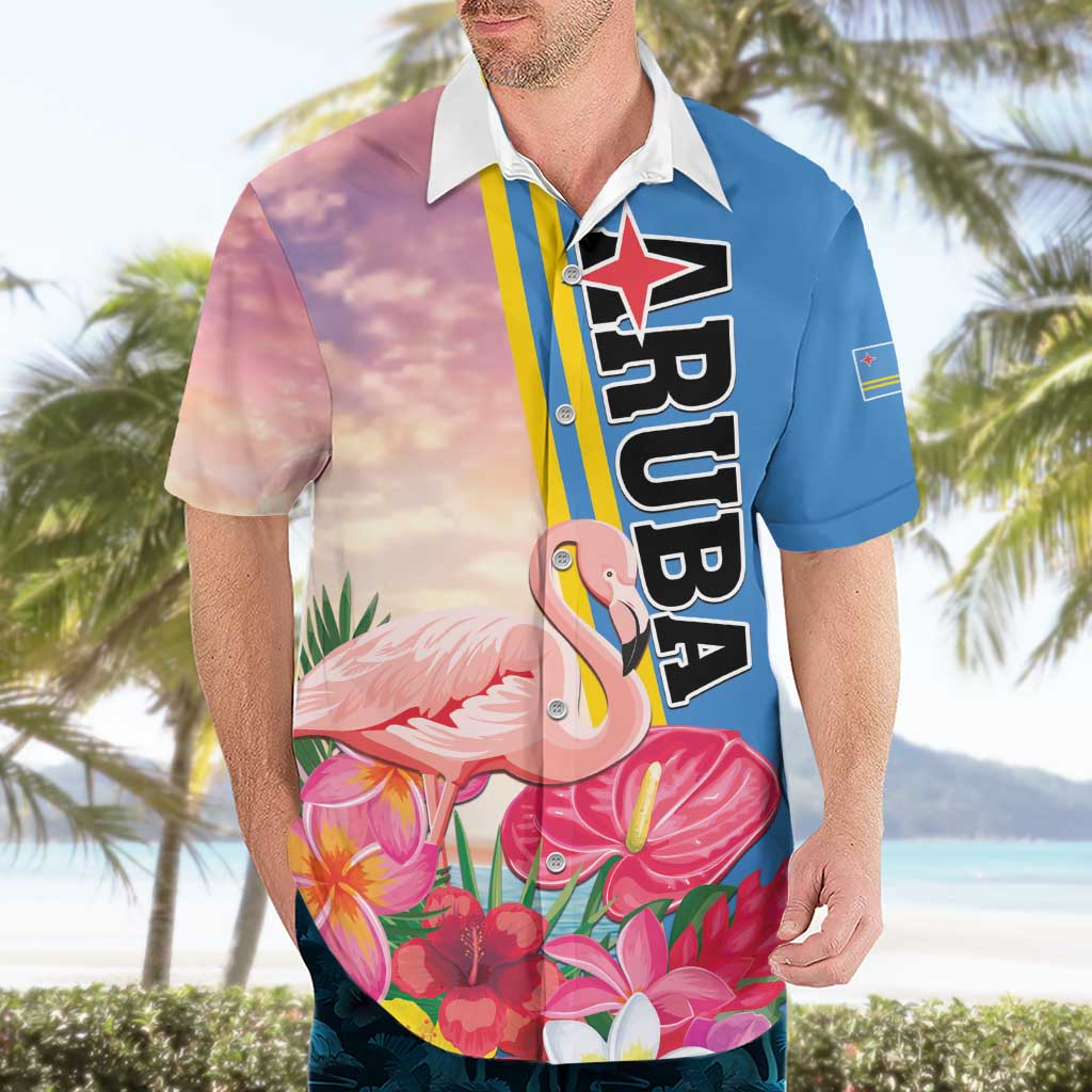 Personalised Aruba Flamingo Hawaiian Shirt Tropical Sunset Vibes