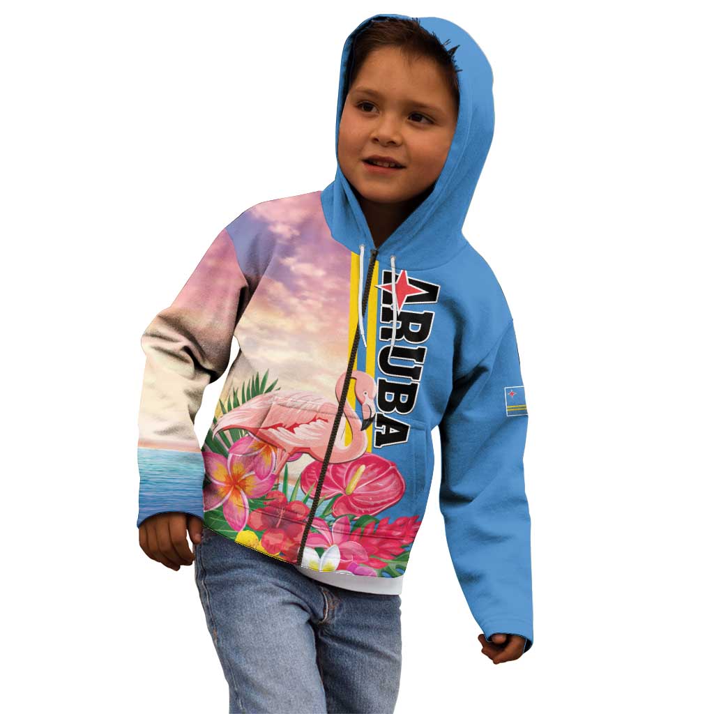 Personalised Aruba Flamingo Kid Hoodie Tropical Sunset Vibes