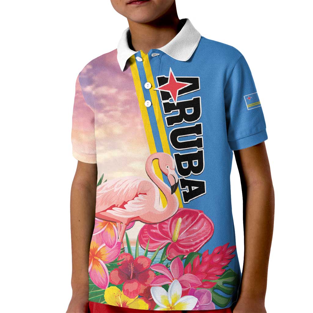 Personalised Aruba Flamingo Kid Polo Shirt Tropical Sunset Vibes