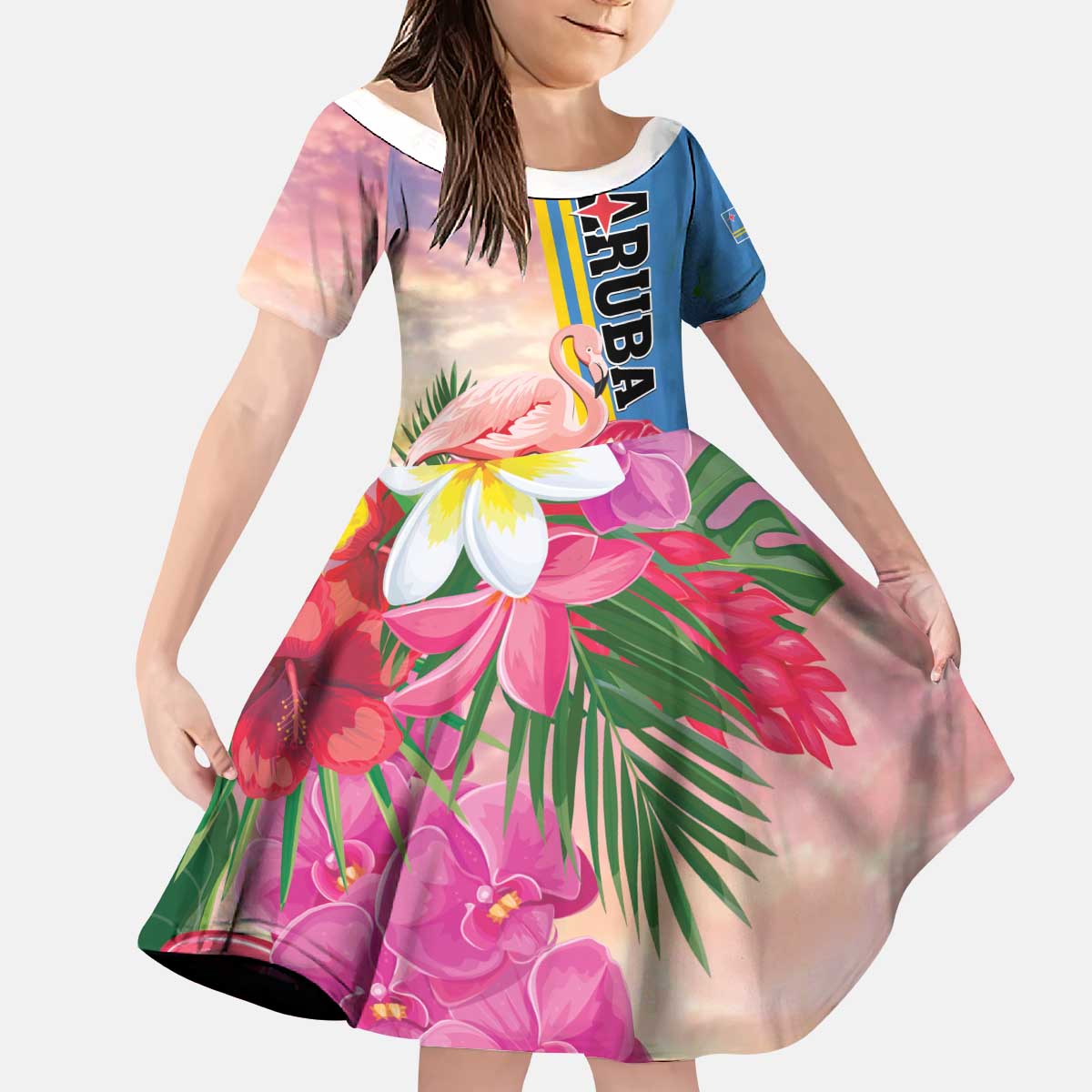 Personalised Aruba Flamingo Kid Short Sleeve Dress Tropical Sunset Vibes
