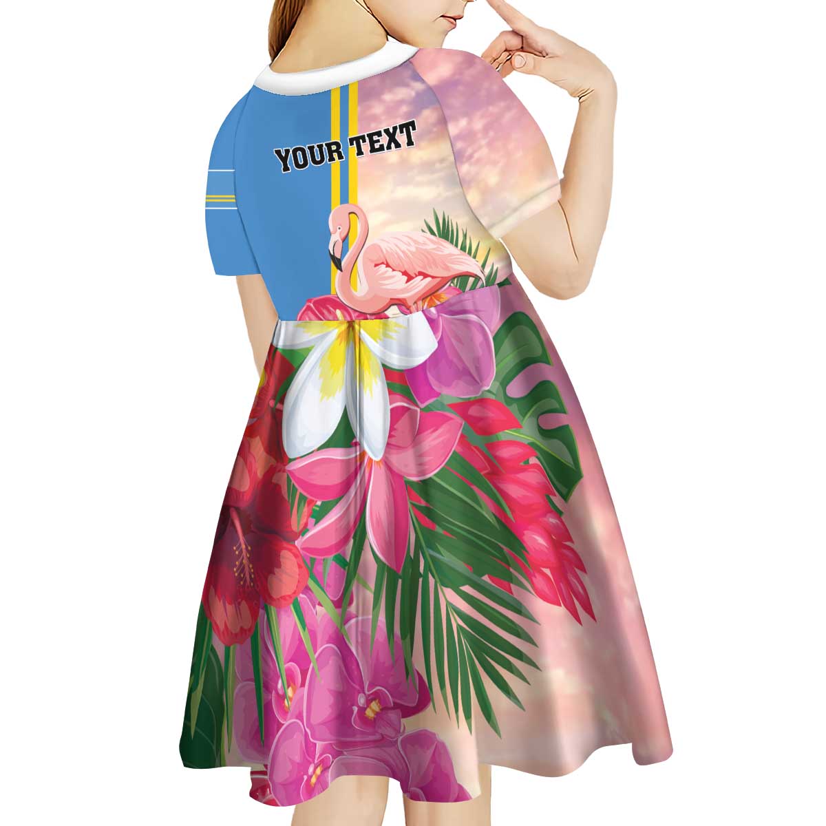 Personalised Aruba Flamingo Kid Short Sleeve Dress Tropical Sunset Vibes