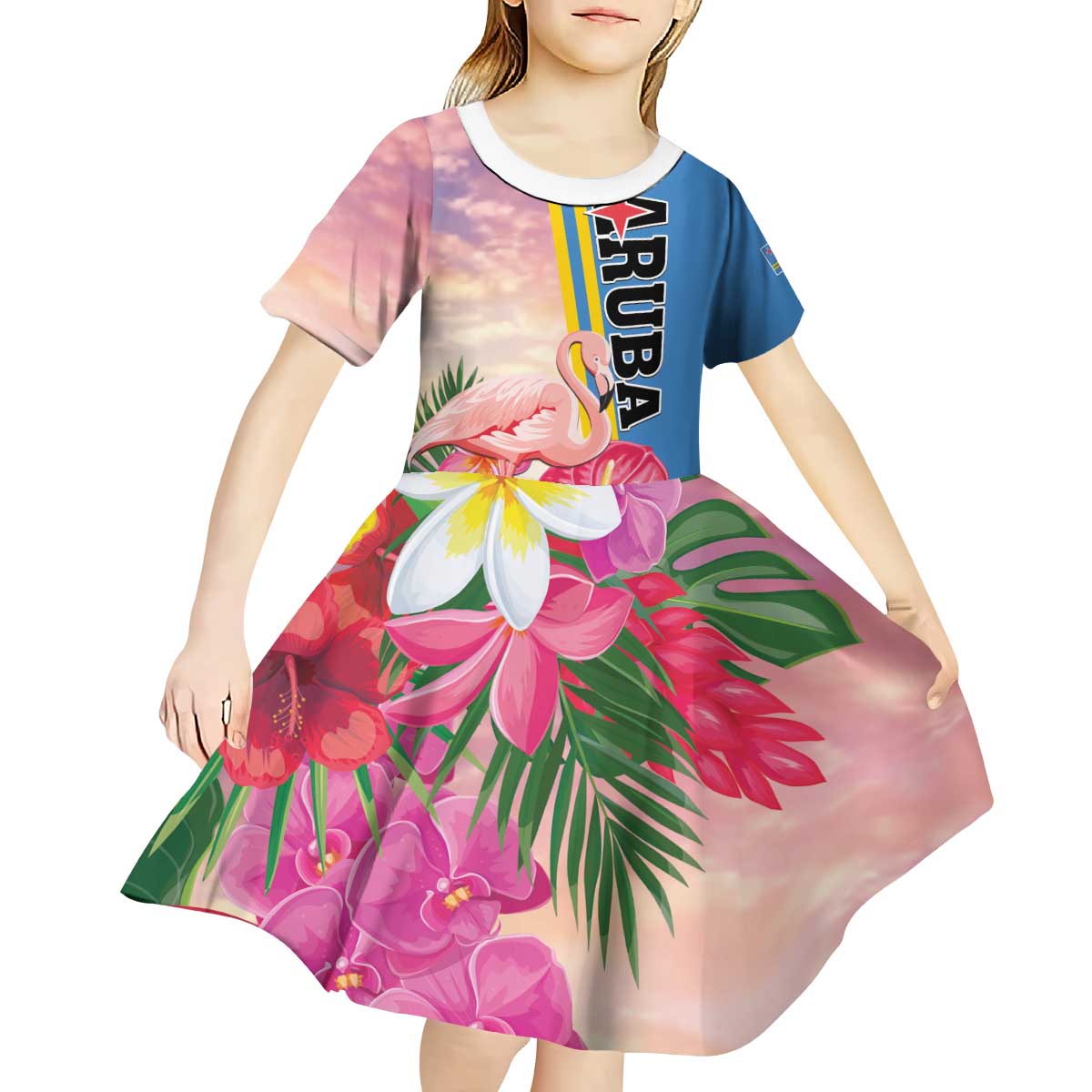 Personalised Aruba Flamingo Kid Short Sleeve Dress Tropical Sunset Vibes