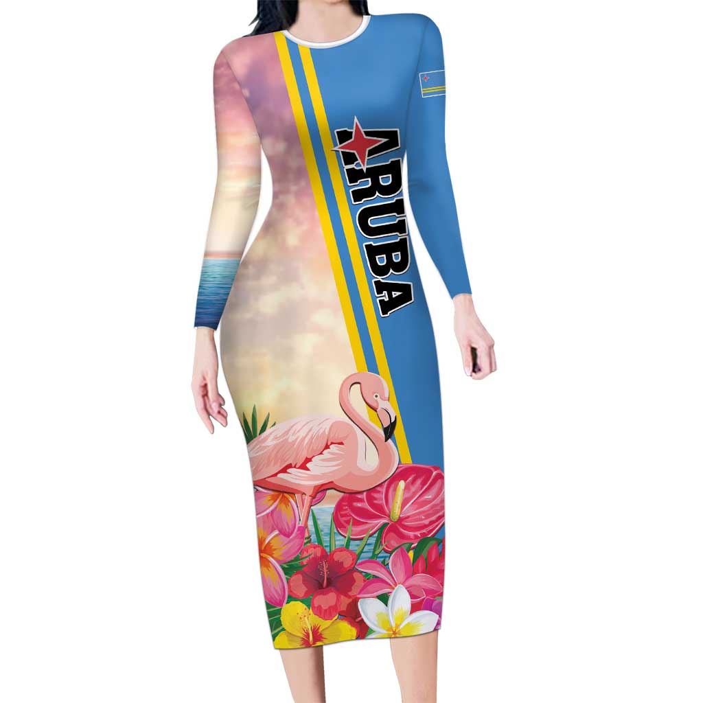 Personalised Aruba Flamingo Long Sleeve Bodycon Dress Tropical Sunset Vibes
