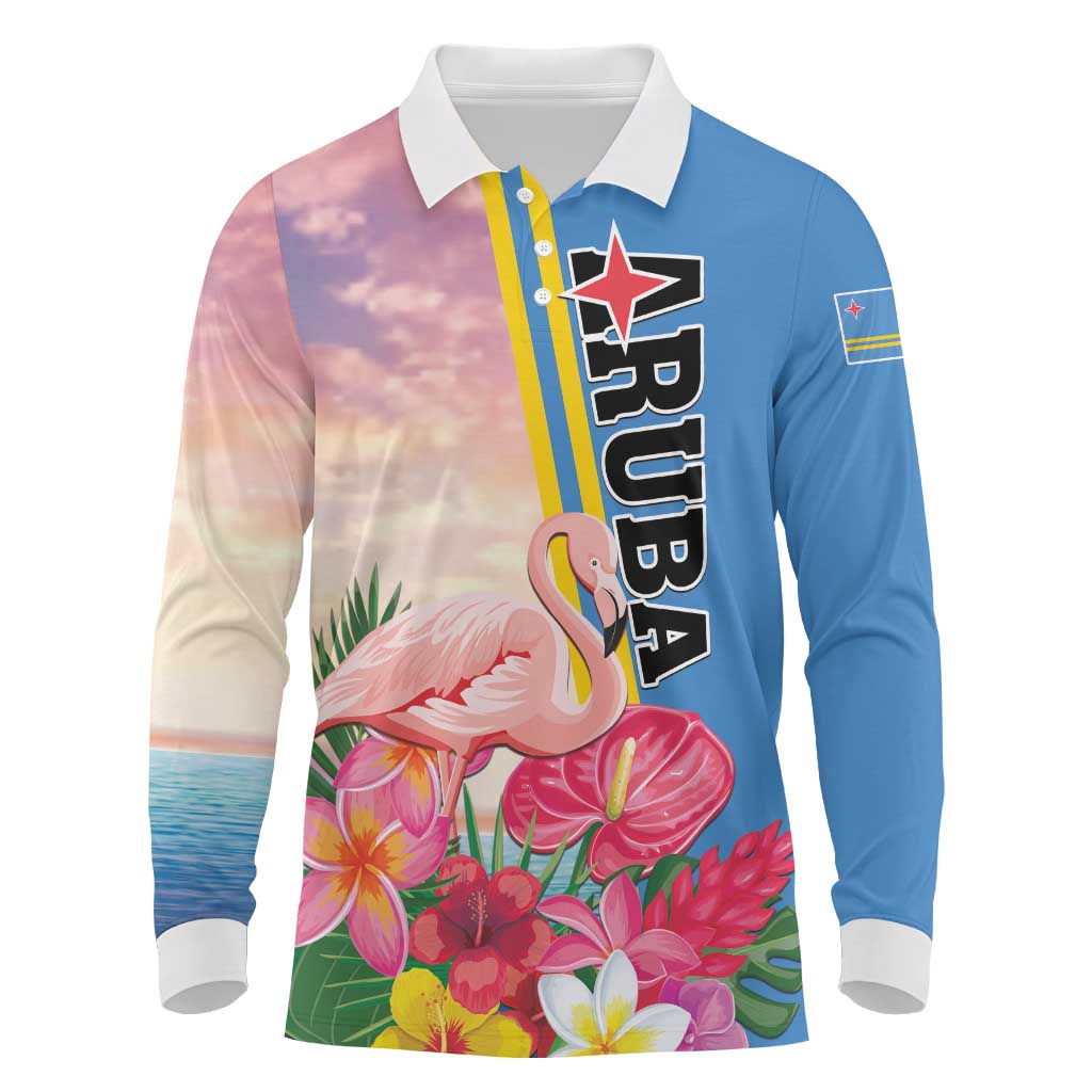Personalised Aruba Flamingo Long Sleeve Polo Shirt Tropical Sunset Vibes