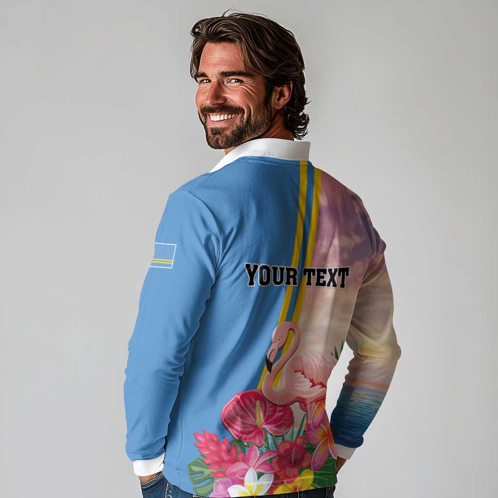 Personalised Aruba Flamingo Long Sleeve Polo Shirt Tropical Sunset Vibes