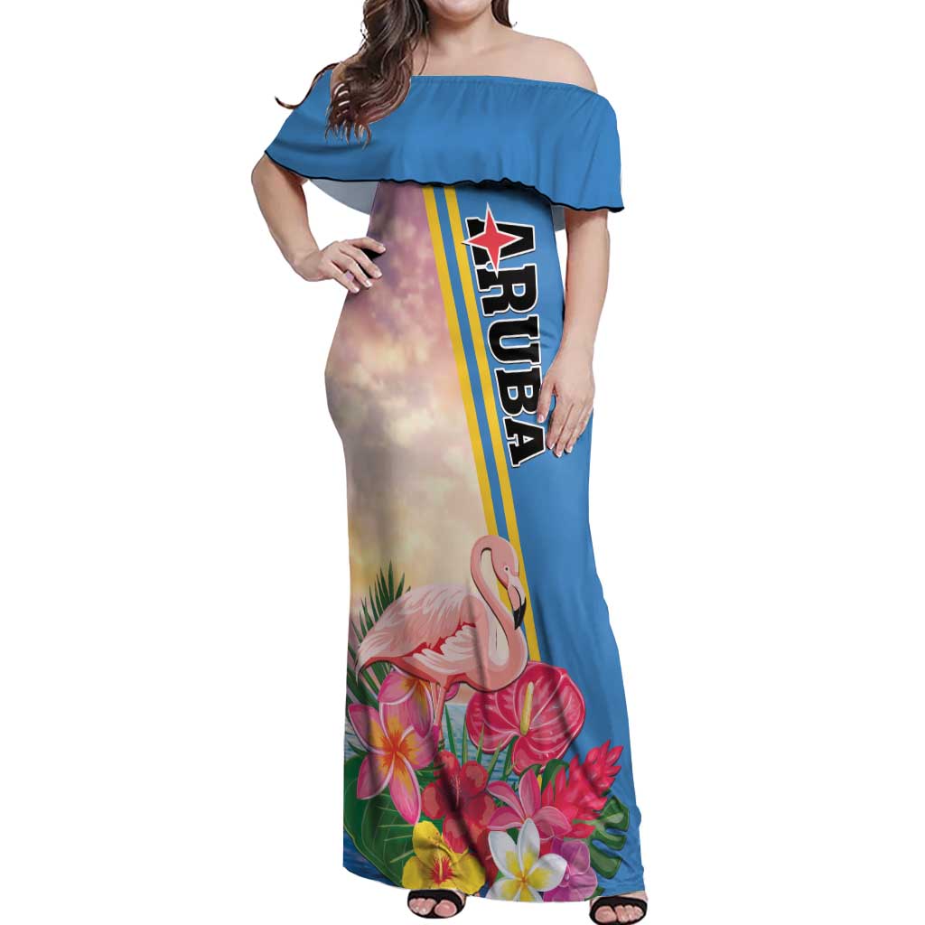 Personalised Aruba Flamingo Off Shoulder Maxi Dress Tropical Sunset Vibes
