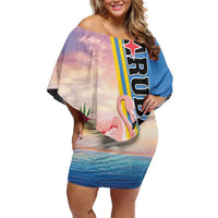 Personalised Aruba Flamingo Off Shoulder Short Dress Tropical Sunset Vibes