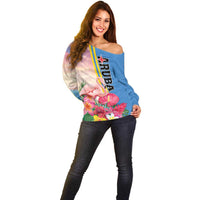 Personalised Aruba Flamingo Off Shoulder Sweater Tropical Sunset Vibes