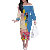 Personalised Aruba Flamingo Off The Shoulder Long Sleeve Dress Tropical Sunset Vibes