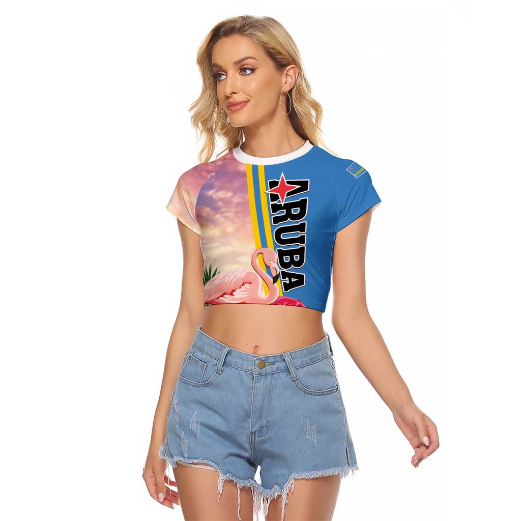 Personalised Aruba Flamingo Raglan Cropped T Shirt Tropical Sunset Vibes