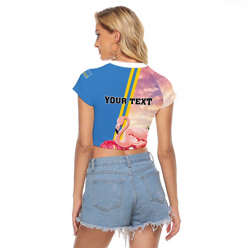 Personalised Aruba Flamingo Raglan Cropped T Shirt Tropical Sunset Vibes