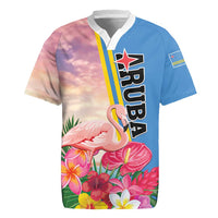 Personalised Aruba Flamingo Rugby Jersey Tropical Sunset Vibes