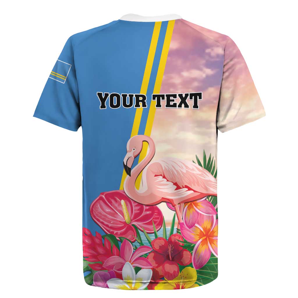 Personalised Aruba Flamingo Rugby Jersey Tropical Sunset Vibes