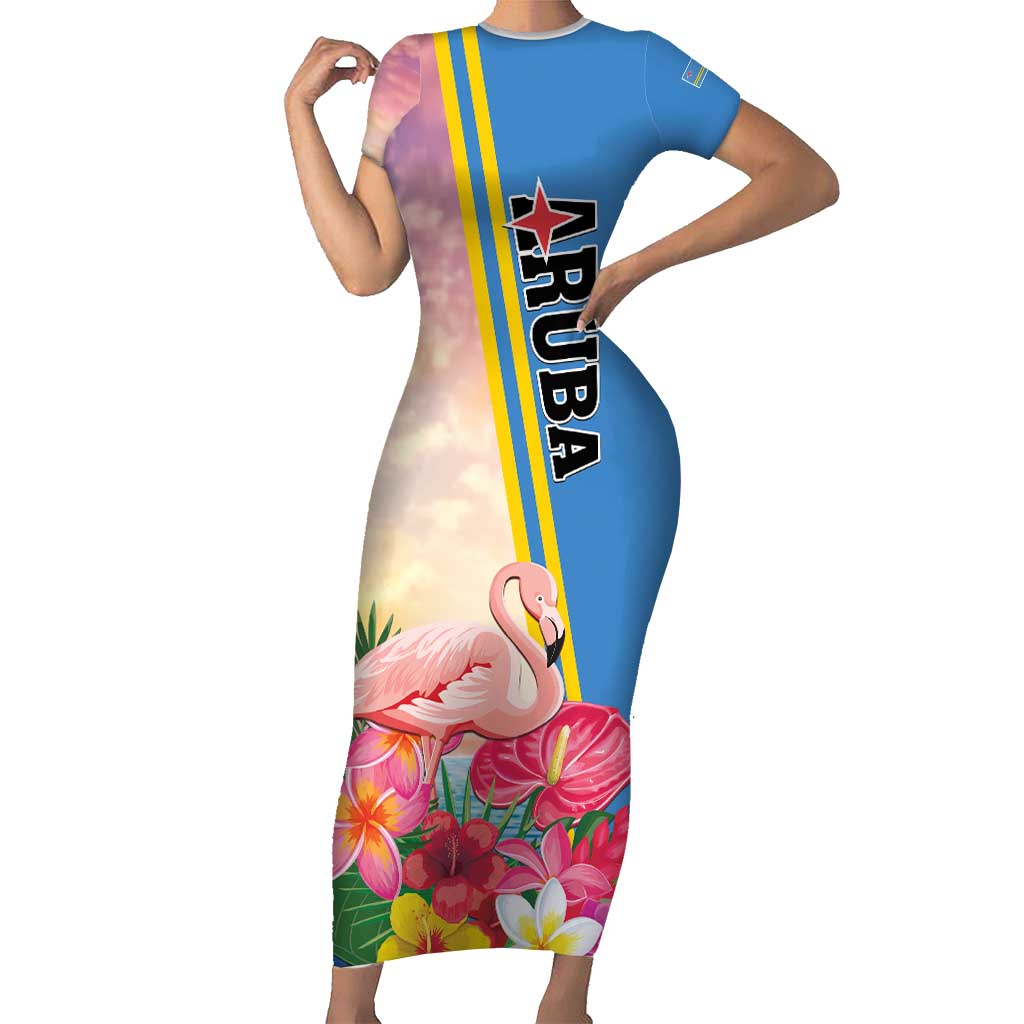 Personalised Aruba Flamingo Short Sleeve Bodycon Dress Tropical Sunset Vibes