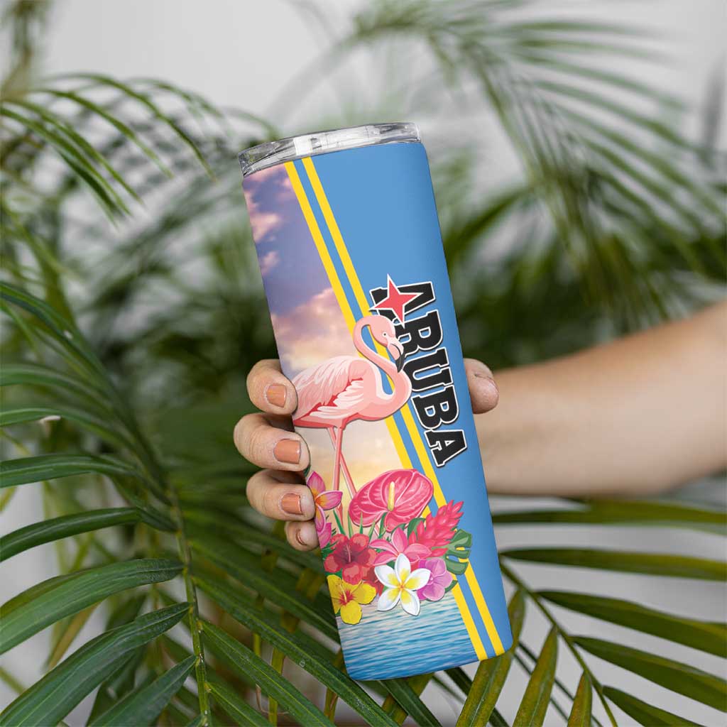 Personalised Aruba Flamingo Skinny Tumbler Tropical Sunset Vibes