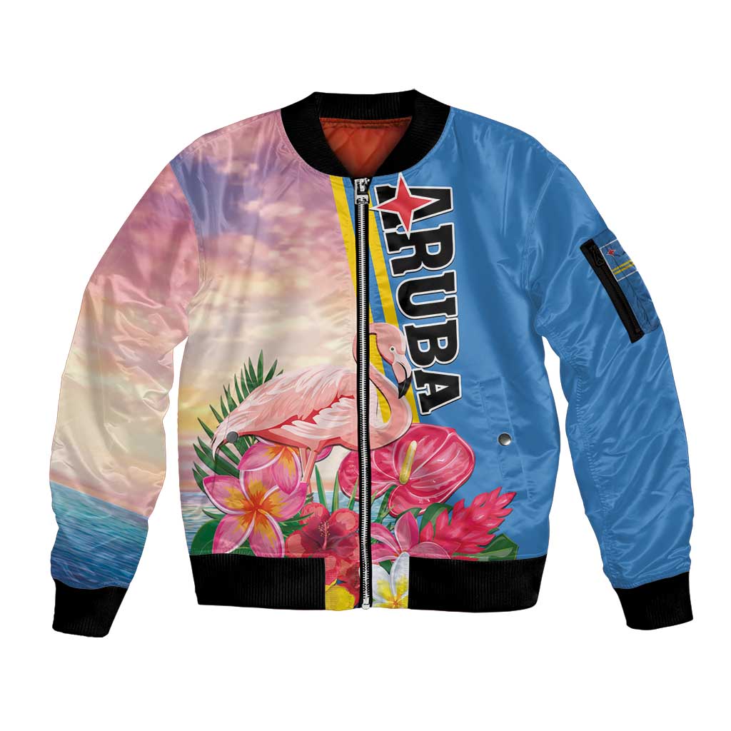 Personalised Aruba Flamingo Sleeve Zip Bomber Jacket Tropical Sunset Vibes