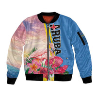 Personalised Aruba Flamingo Sleeve Zip Bomber Jacket Tropical Sunset Vibes