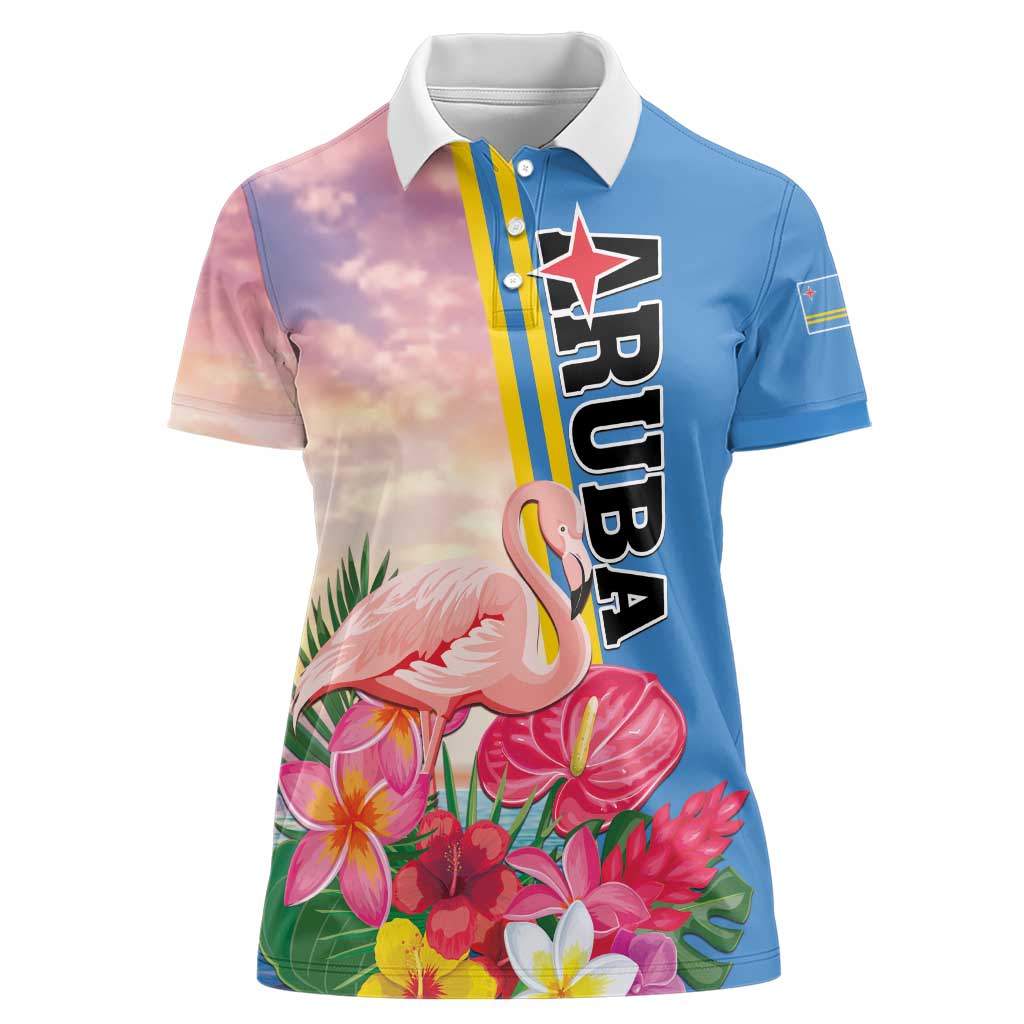 Personalised Aruba Flamingo Women Polo Shirt Tropical Sunset Vibes