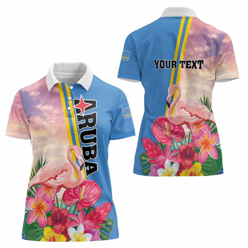 Personalised Aruba Flamingo Women Polo Shirt Tropical Sunset Vibes