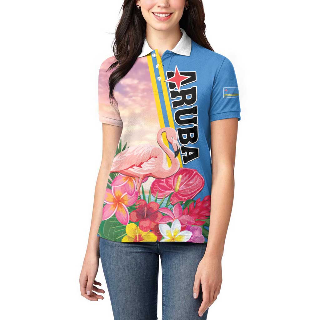 Personalised Aruba Flamingo Women Polo Shirt Tropical Sunset Vibes