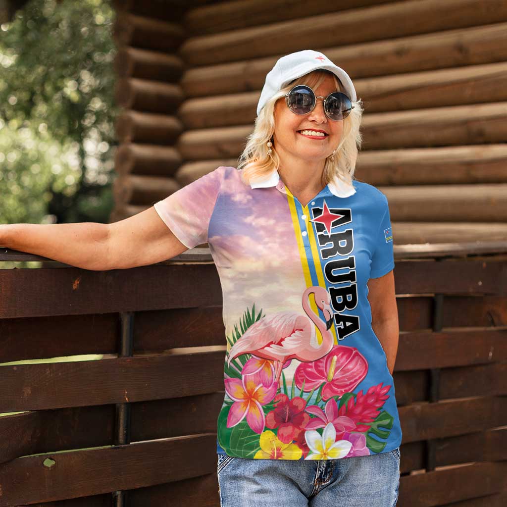 Personalised Aruba Flamingo Women Polo Shirt Tropical Sunset Vibes