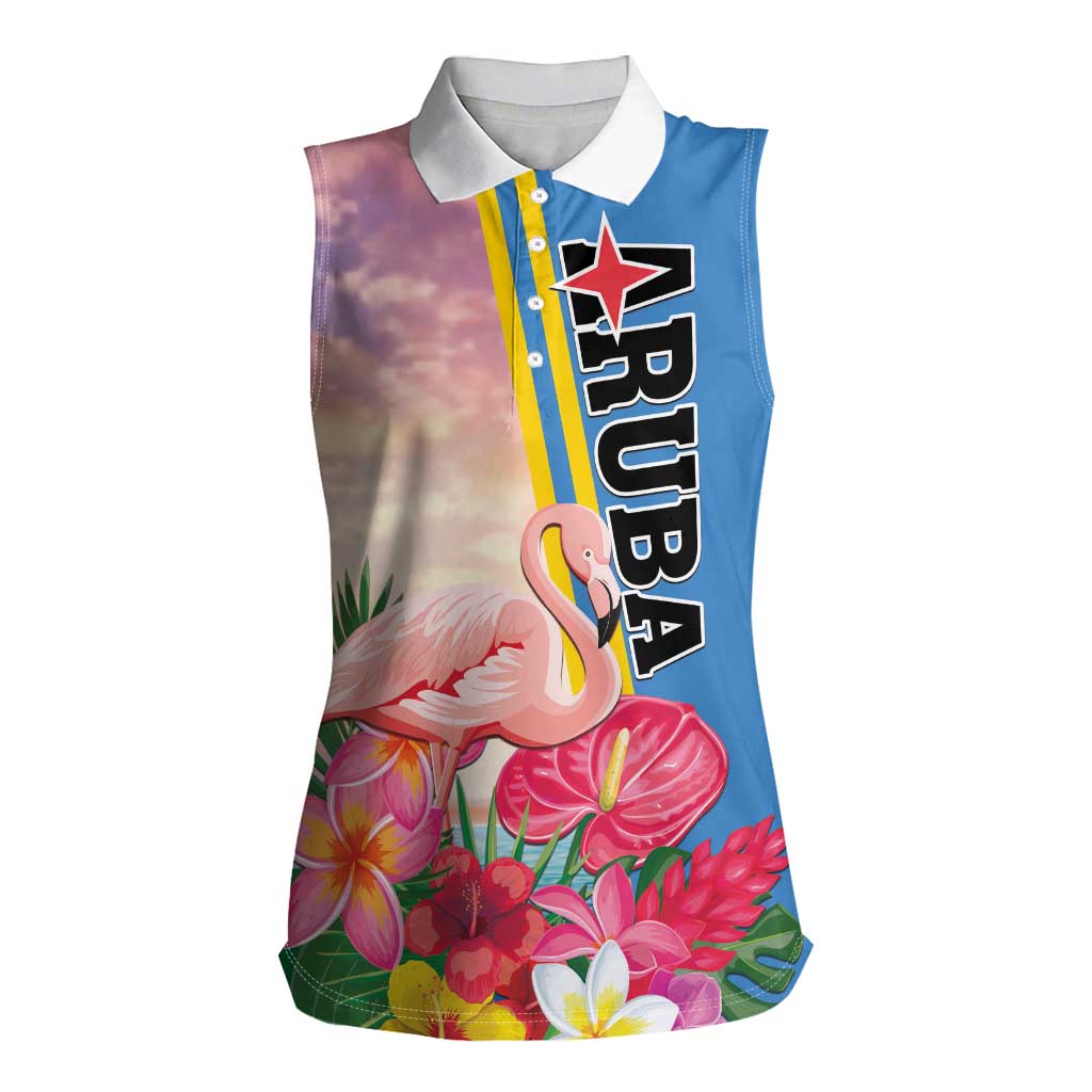 Personalised Aruba Flamingo Women Sleeveless Polo Shirt Tropical Sunset Vibes