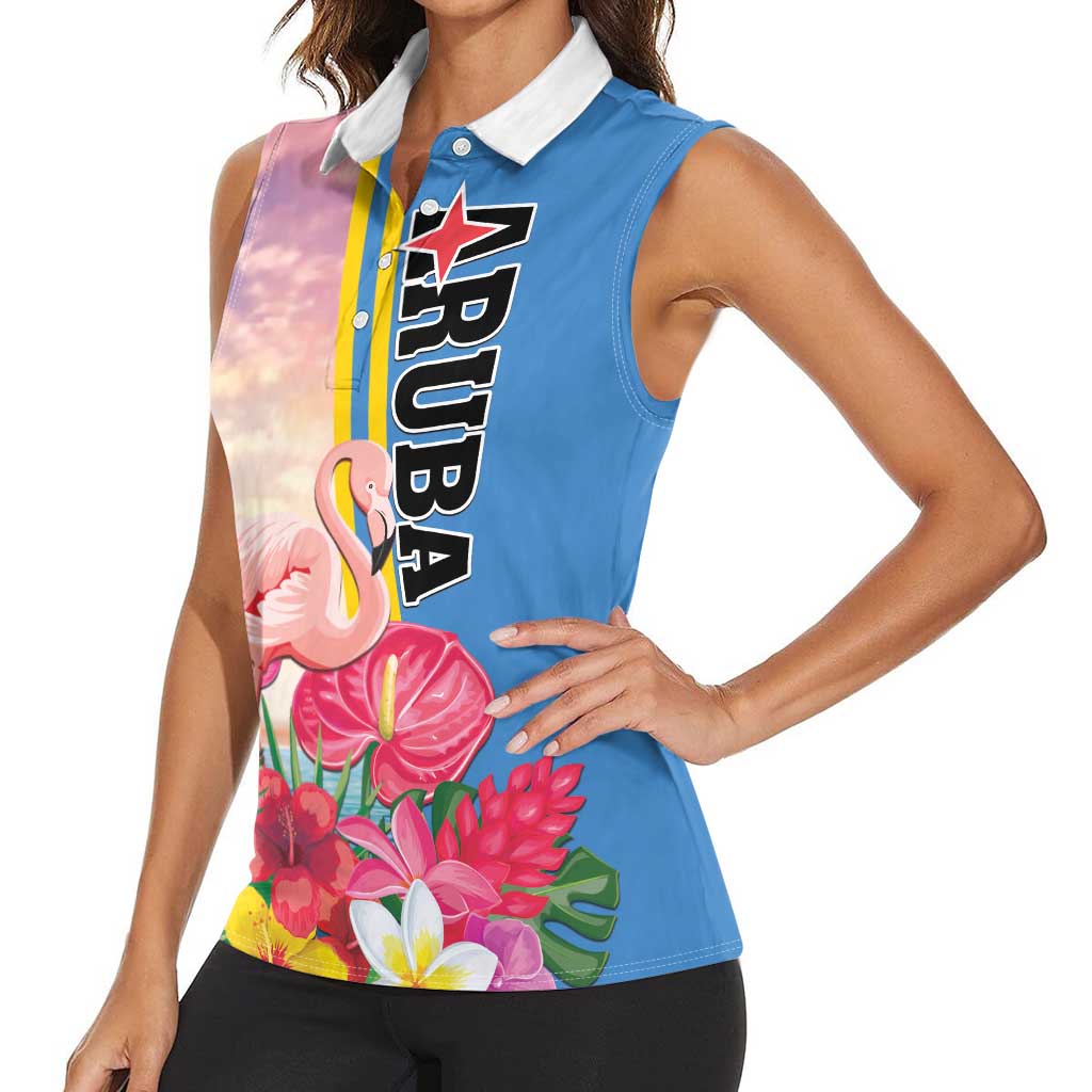 Personalised Aruba Flamingo Women Sleeveless Polo Shirt Tropical Sunset Vibes