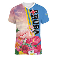 Personalised Aruba Flamingo Women V-Neck T-Shirt Tropical Sunset Vibes