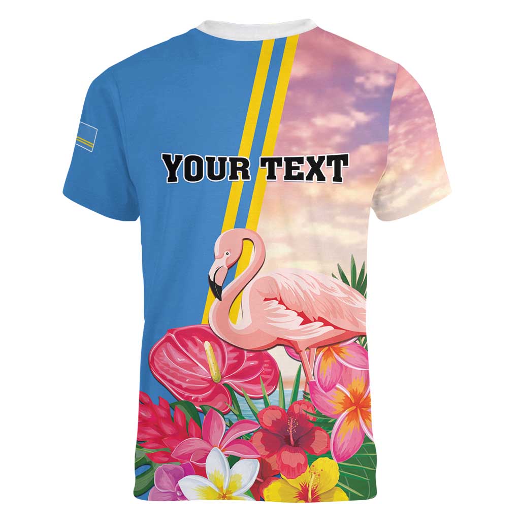 Personalised Aruba Flamingo Women V-Neck T-Shirt Tropical Sunset Vibes
