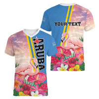 Personalised Aruba Flamingo Women V-Neck T-Shirt Tropical Sunset Vibes