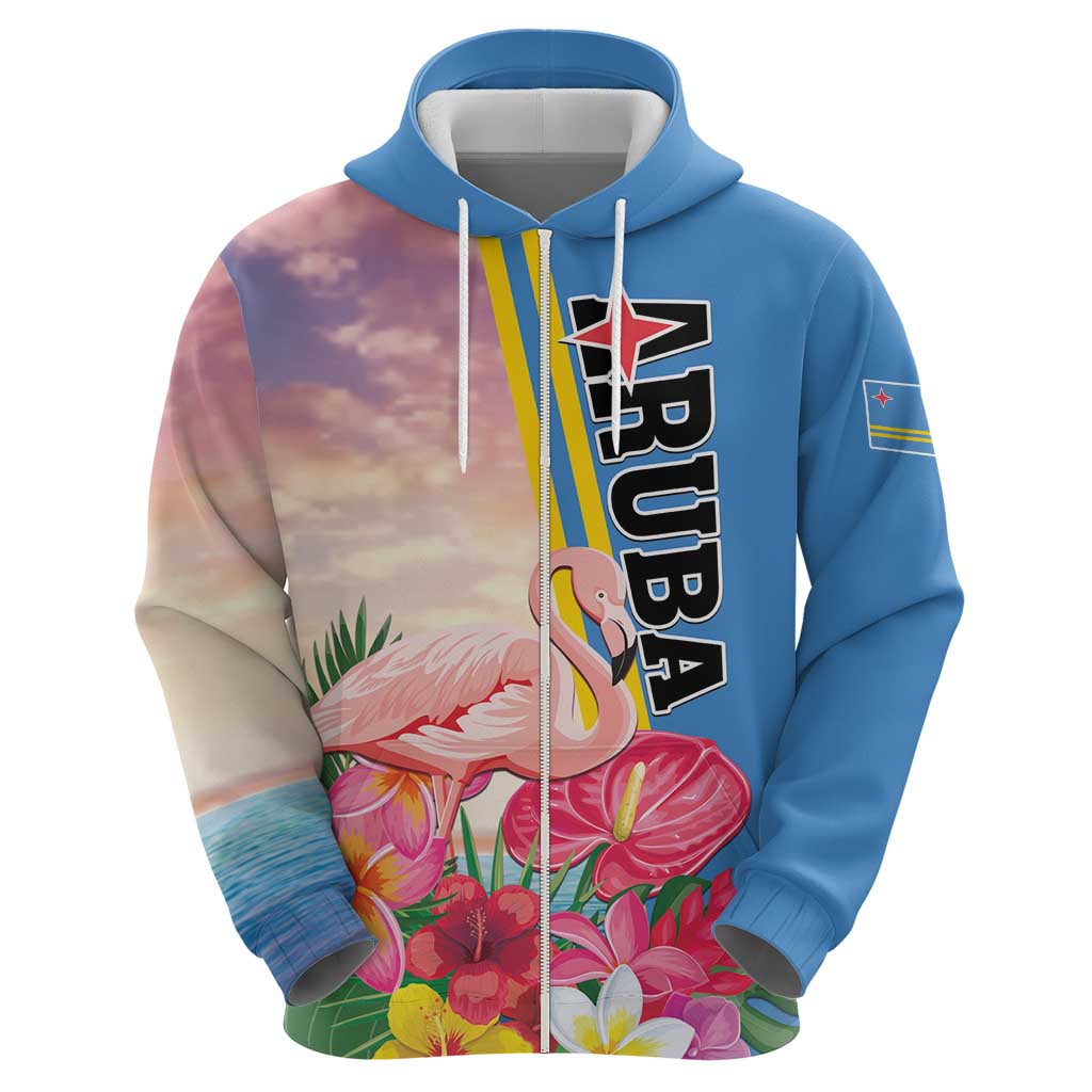 Personalised Aruba Flamingo Zip Hoodie Tropical Sunset Vibes