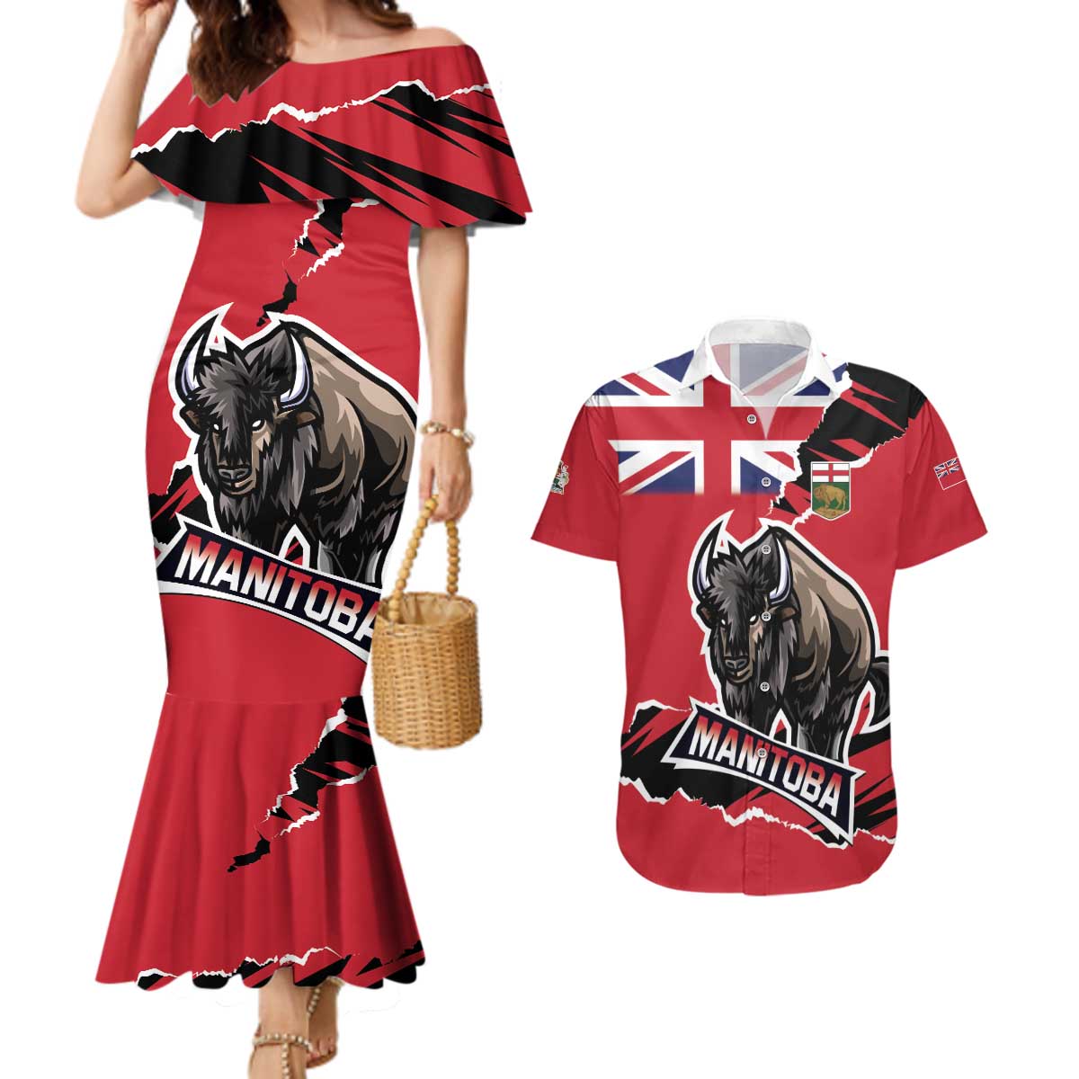 Personalized Canada Manitoba Province Bison Couples Matching Mermaid Dress and Hawaiian Shirt Gloriosus et Liber