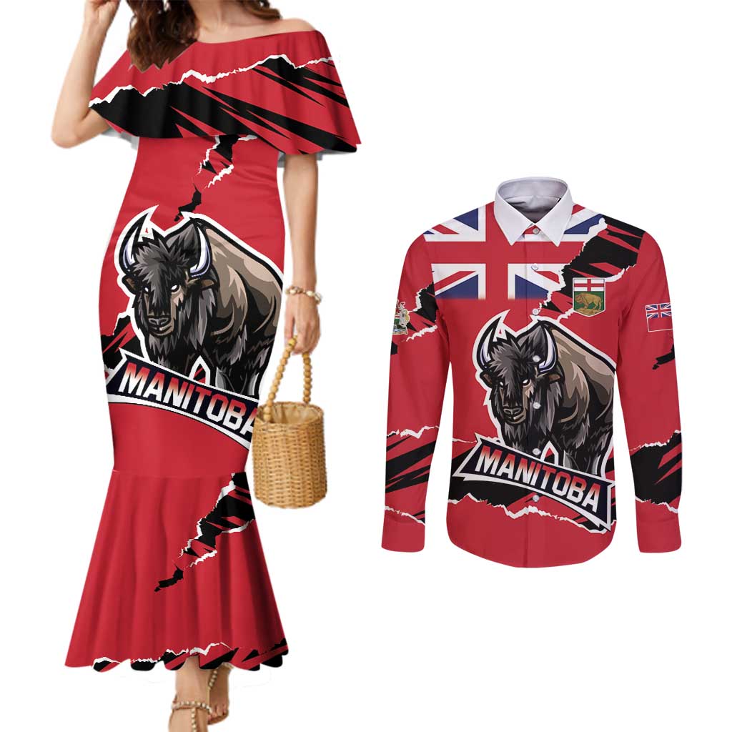 Personalized Canada Manitoba Province Bison Couples Matching Mermaid Dress and Long Sleeve Button Shirt Gloriosus et Liber