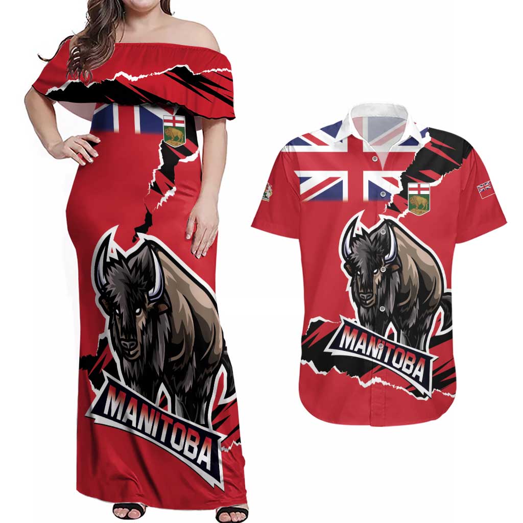 Personalized Canada Manitoba Province Bison Couples Matching Off Shoulder Maxi Dress and Hawaiian Shirt Gloriosus et Liber
