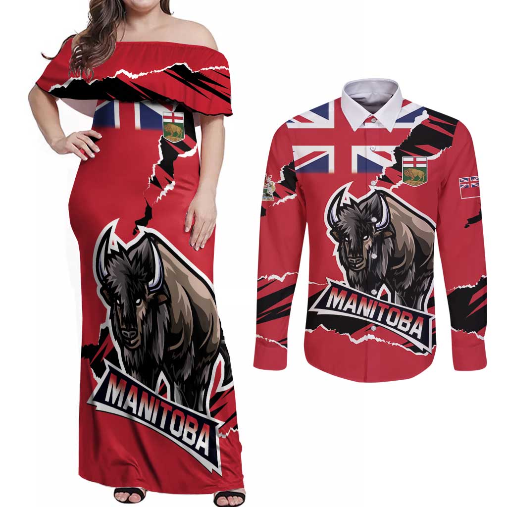 Personalized Canada Manitoba Province Bison Couples Matching Off Shoulder Maxi Dress and Long Sleeve Button Shirt Gloriosus et Liber