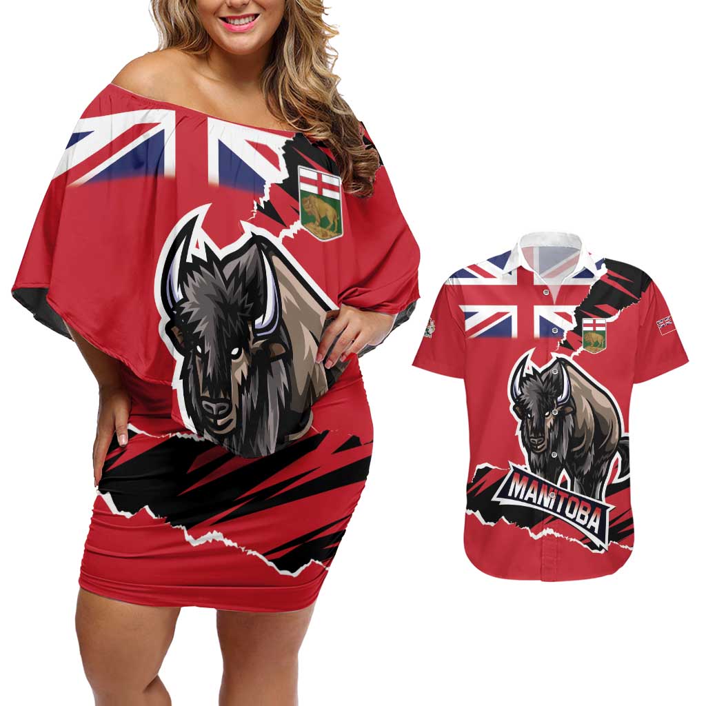 Personalized Canada Manitoba Province Bison Couples Matching Off Shoulder Short Dress and Hawaiian Shirt Gloriosus et Liber