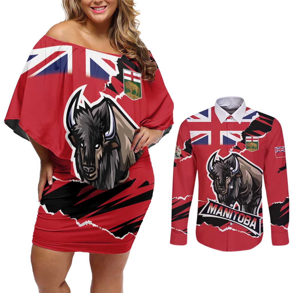 Personalized Canada Manitoba Province Bison Couples Matching Off Shoulder Short Dress and Long Sleeve Button Shirt Gloriosus et Liber
