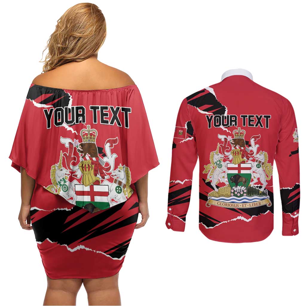 Personalized Canada Manitoba Province Bison Couples Matching Off Shoulder Short Dress and Long Sleeve Button Shirt Gloriosus et Liber