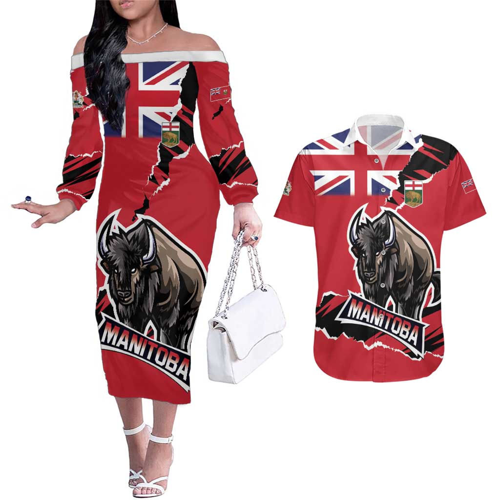 Personalized Canada Manitoba Province Bison Couples Matching Off The Shoulder Long Sleeve Dress and Hawaiian Shirt Gloriosus et Liber