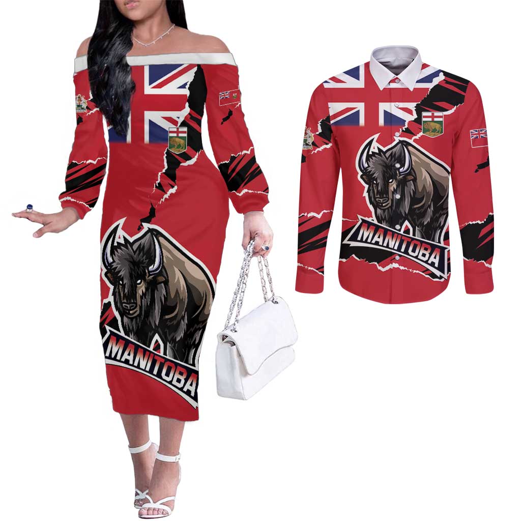 Personalized Canada Manitoba Province Bison Couples Matching Off The Shoulder Long Sleeve Dress and Long Sleeve Button Shirt Gloriosus et Liber