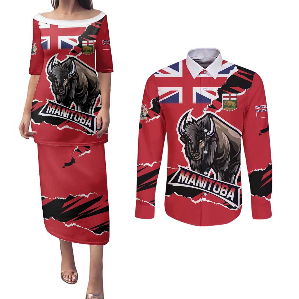 Personalized Canada Manitoba Province Bison Couples Matching Puletasi and Long Sleeve Button Shirt Gloriosus et Liber