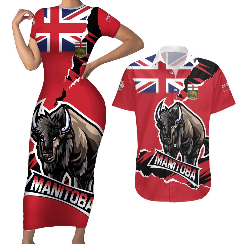 Personalized Canada Manitoba Province Bison Couples Matching Short Sleeve Bodycon Dress and Hawaiian Shirt Gloriosus et Liber