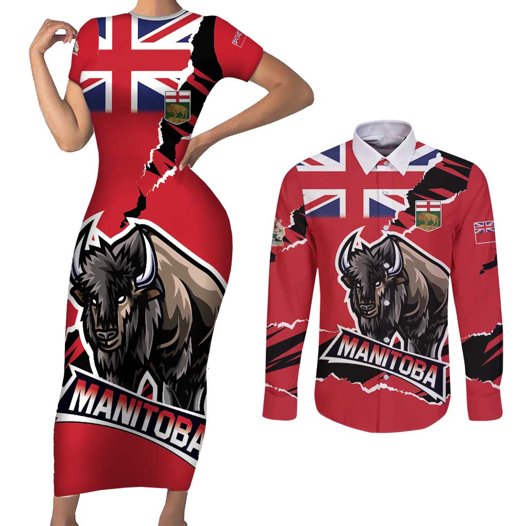Personalized Canada Manitoba Province Bison Couples Matching Short Sleeve Bodycon Dress and Long Sleeve Button Shirt Gloriosus et Liber