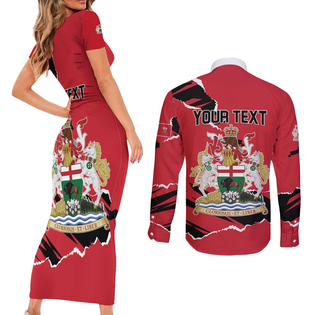 Personalized Canada Manitoba Province Bison Couples Matching Short Sleeve Bodycon Dress and Long Sleeve Button Shirt Gloriosus et Liber