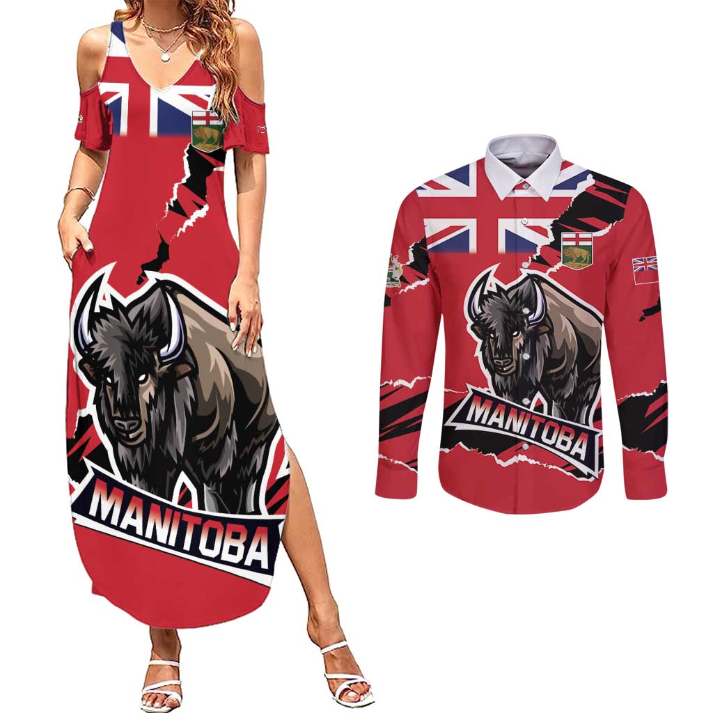 Personalized Canada Manitoba Province Bison Couples Matching Summer Maxi Dress and Long Sleeve Button Shirt Gloriosus et Liber