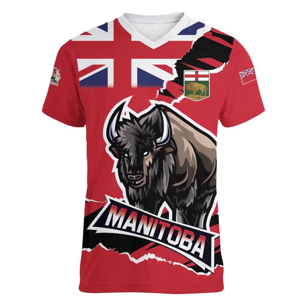 Personalized Canada Manitoba Province Bison Women V-Neck T-Shirt Gloriosus et Liber