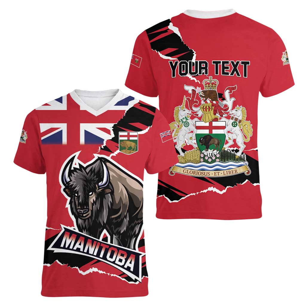 Personalized Canada Manitoba Province Bison Women V-Neck T-Shirt Gloriosus et Liber