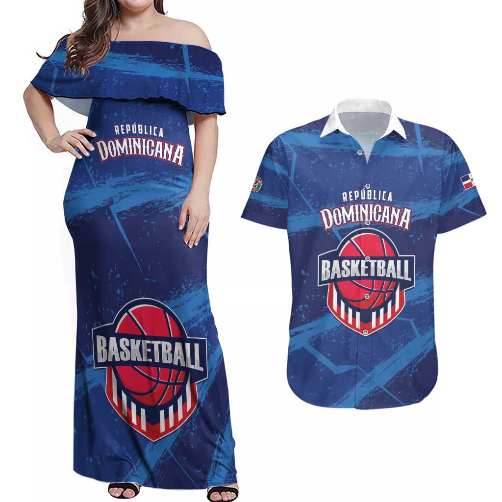 Custom Dominican Republic Basketball Couples Matching Off Shoulder Maxi Dress and Hawaiian Shirt Enjoy The Game
