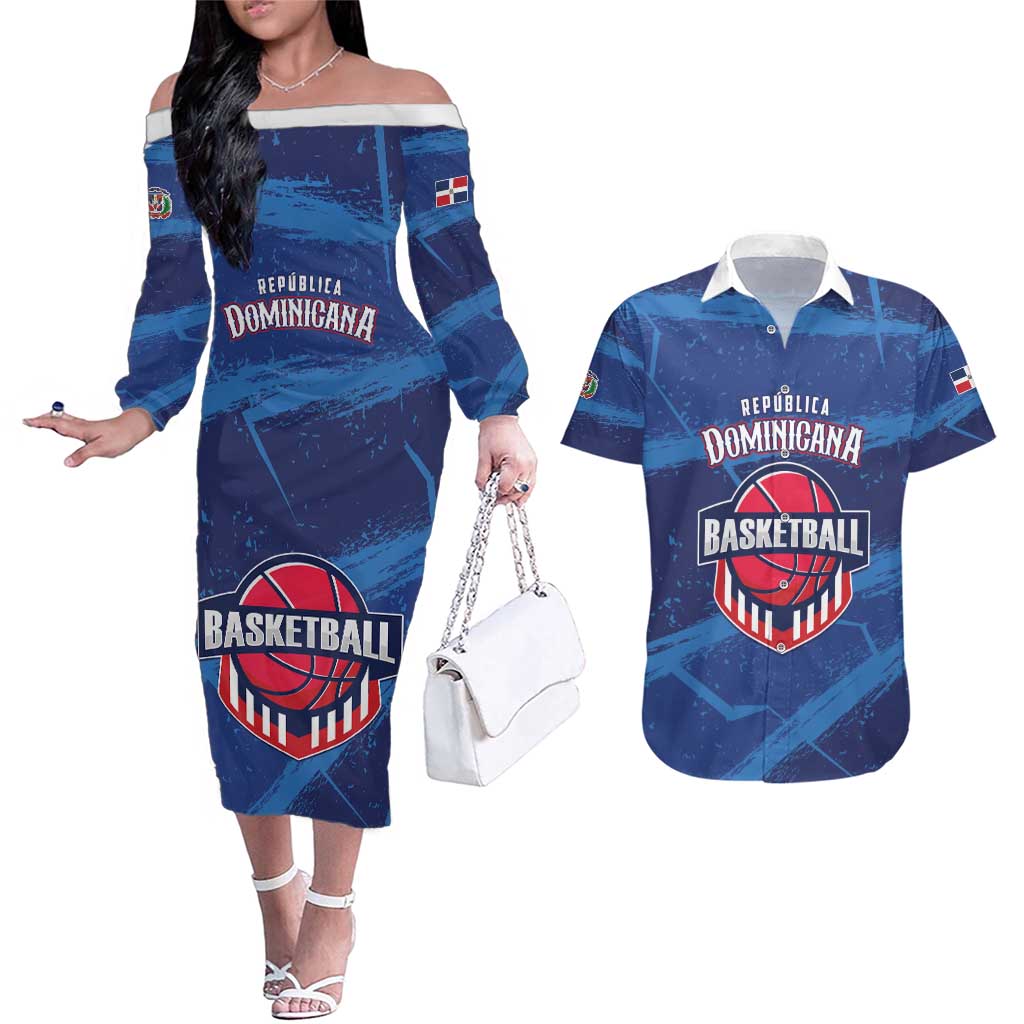 Custom Dominican Republic Basketball Couples Matching Off The Shoulder Long Sleeve Dress and Hawaiian Shirt Enjoy The Game